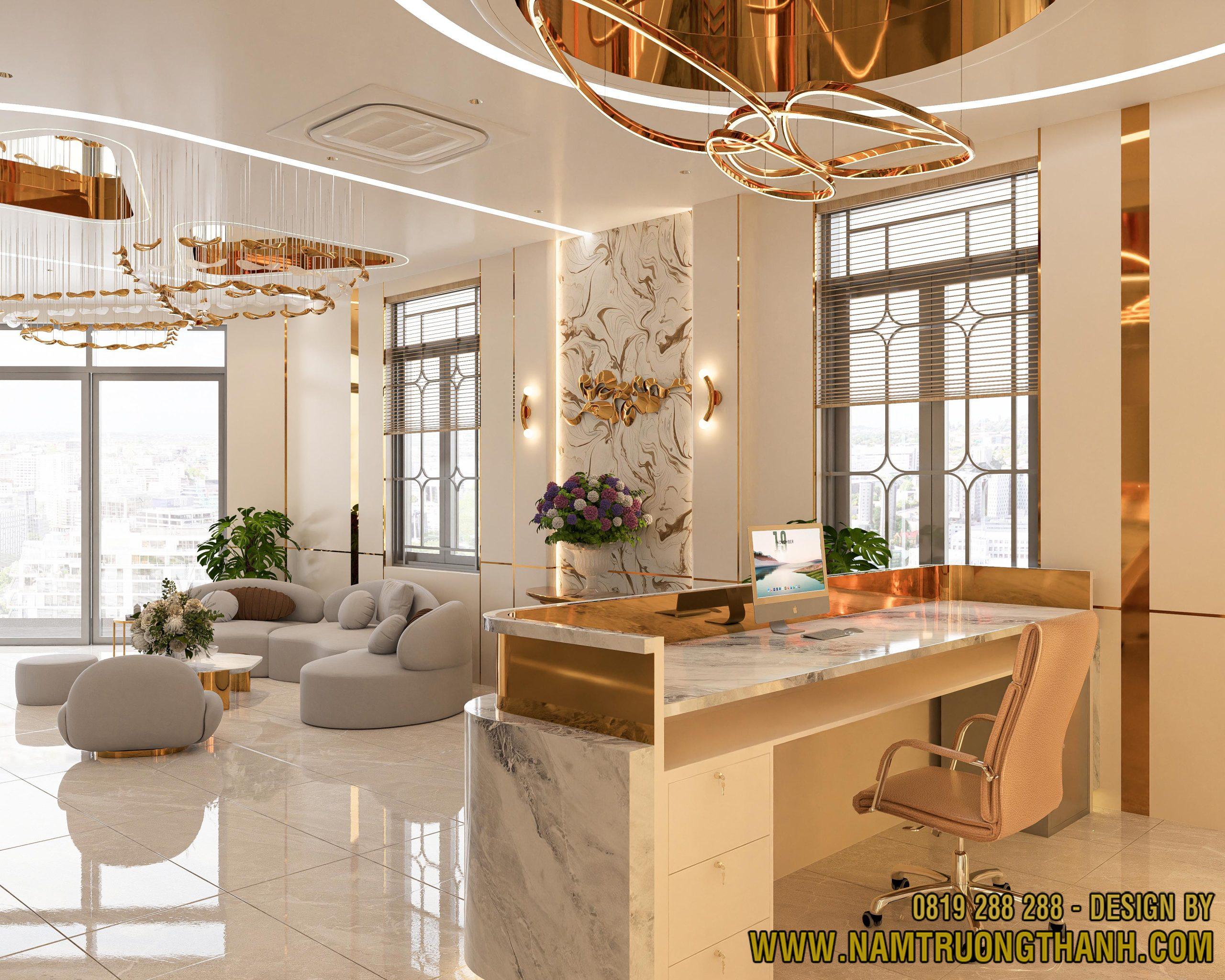 Thiết kế nội thất văn phòng hiện đại góc bàn làm việc lễ tân rộng thoáng tối ưu công năng