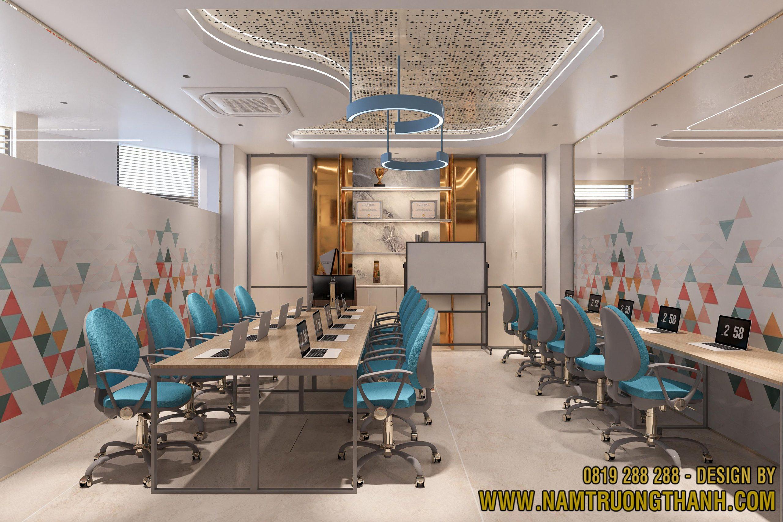 Thiết kế nội thất văn phòng hiện đại không gian làm việc mở tone màu xanh pastel