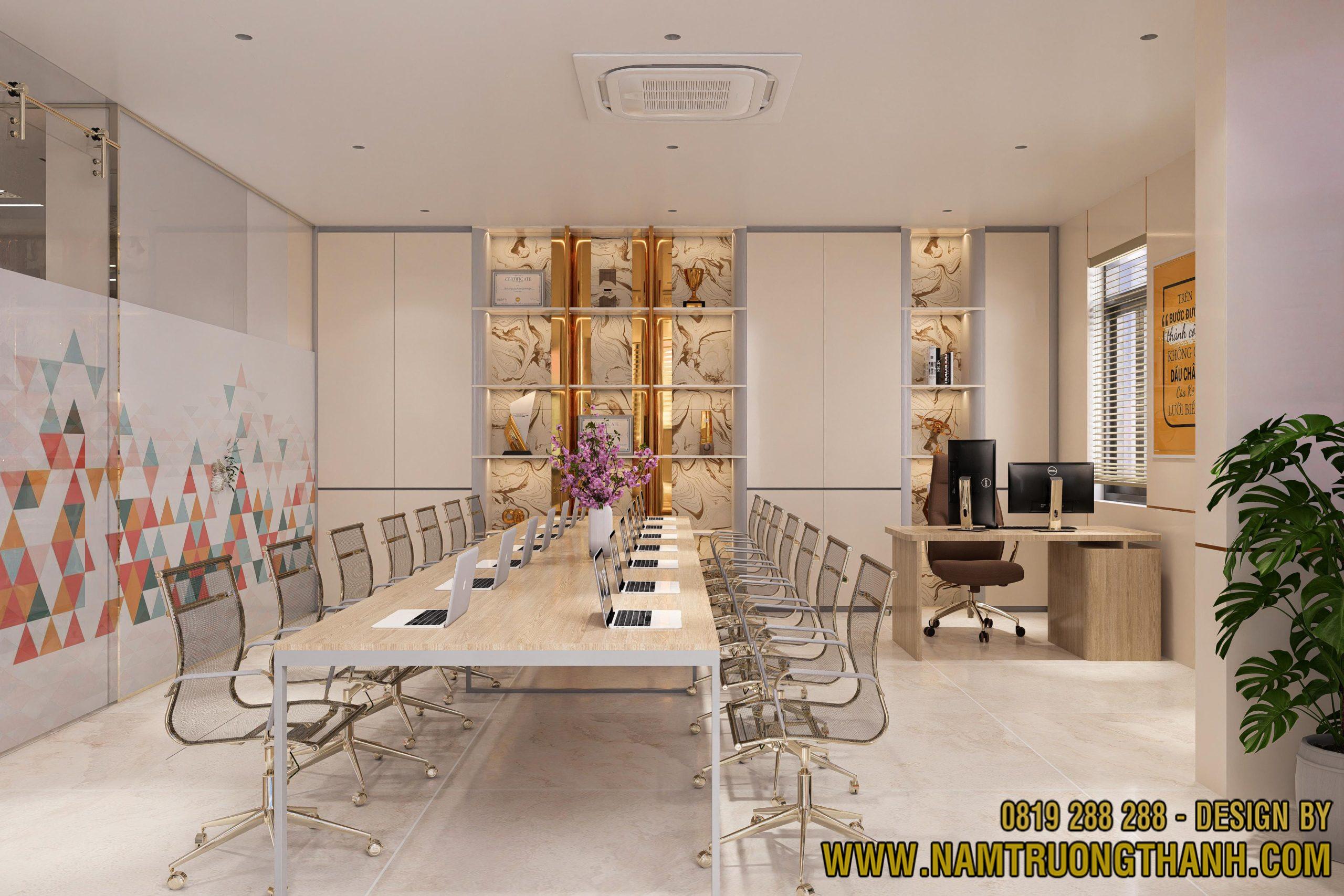 Thiết kế nội thất văn phòng hiện đại dãy bàn làm việc nhân sự rộng thoáng