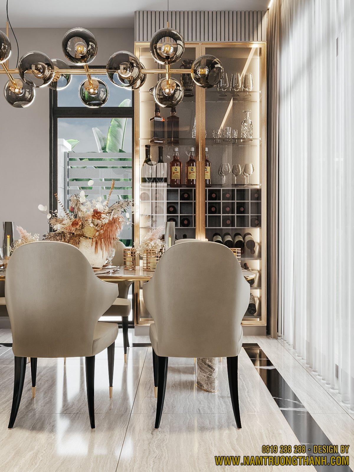 Thiết kế hệ thống ánh sáng phòng ăn đồng bộ với bộ đèn thả trần bóng thủy tinh dạng bong bóng sang trọng, hiện đại.