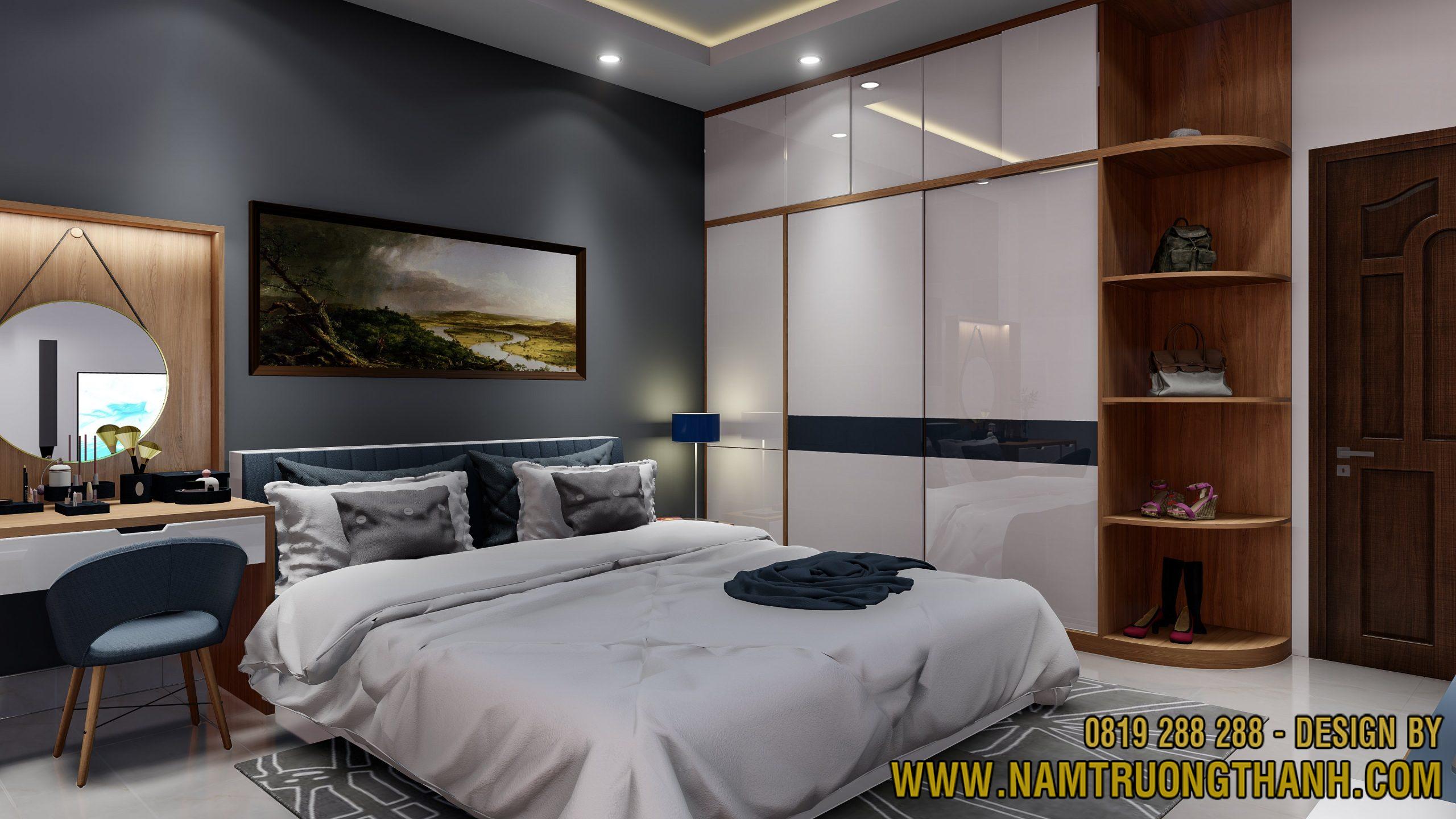 Cách bố trí đồ decor tranh nghệ thuật khổ lớn đồng bộ với tông màu xám và gỗ tự nhiên của phòng ngủ hiện đại.