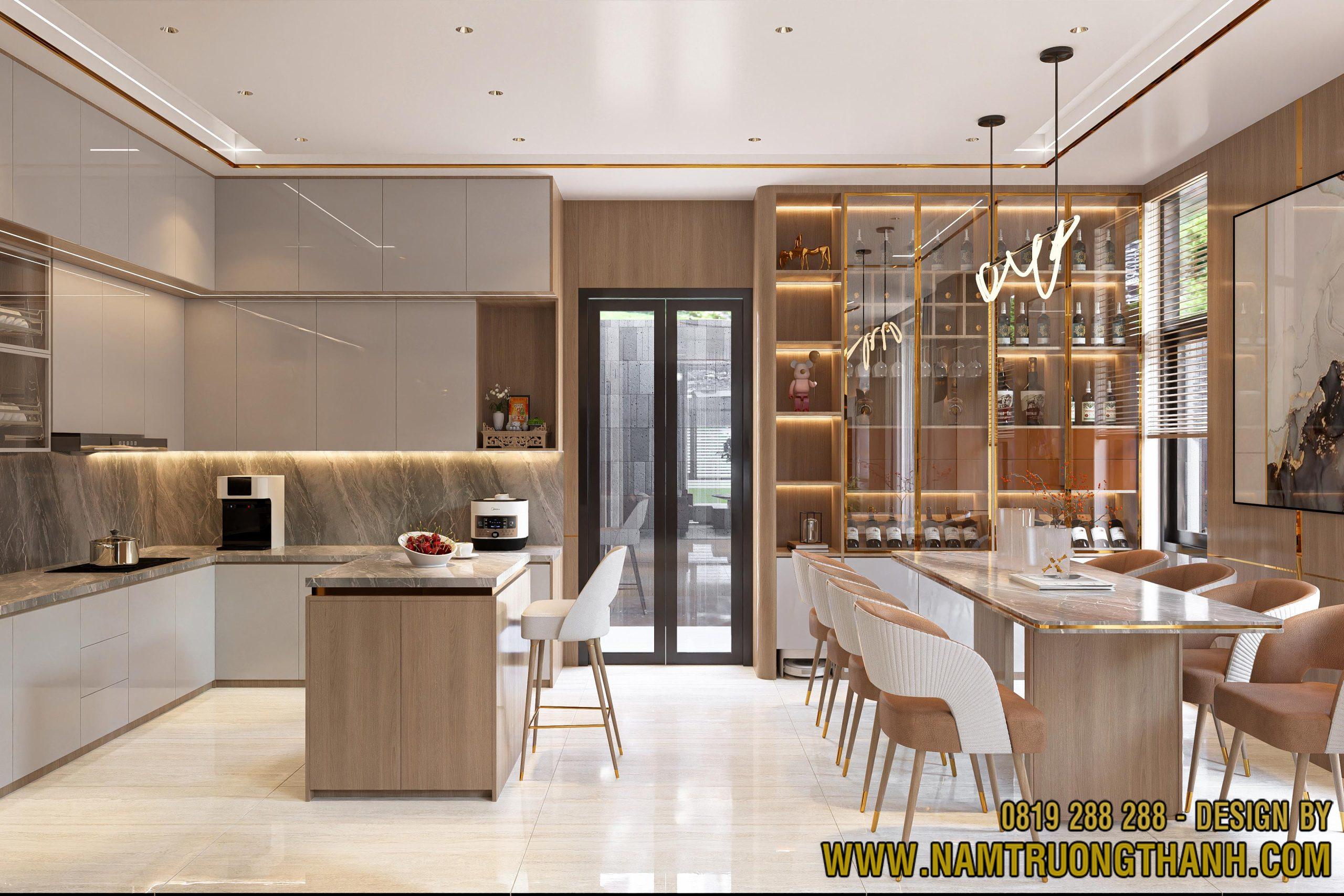 Mẫu nội thất phòng bếp thông minh ưu tiên sử dụng đảo bếp đa năng làm bàn chuẩn bị thức ăn và bàn ăn dặm tiện lợi.
